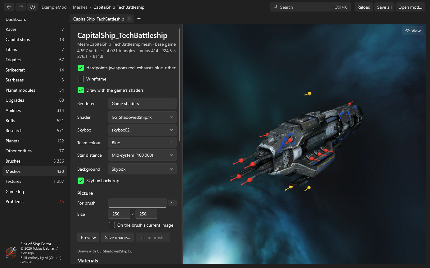 A capital ship drawn with the game's shaders